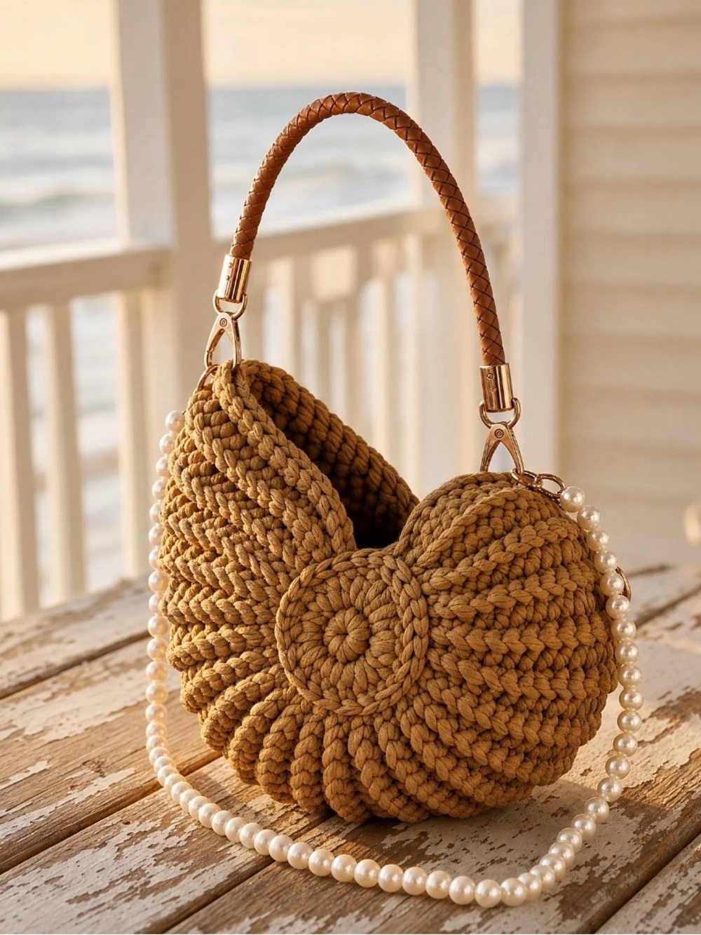 Handcrafted Mustard Crochet Shell Bag with Pearl Strap
